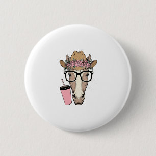Macaron Rond 5 Cm Vintage Cowgirl Cheval Avec Fleurs et Boisson Rose