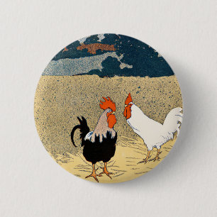 Macaron Rond 5 Cm Vintage Deux coqs dans un champ par Edward Penfiel