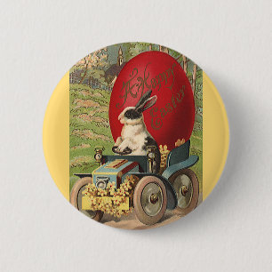 Macaron Rond 5 Cm Vintage drôle Pâques, Lapin Rabbit Oeuf Automobile