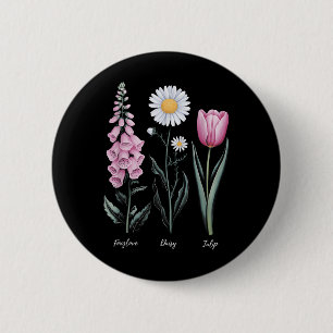 Macaron Rond 5 Cm Vintage Floral Plante Foxglove Daisy Tulip Flower