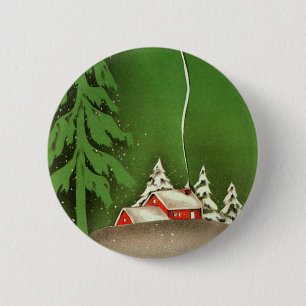 Macaron Rond 5 Cm Vintage Noël, Maison en Forêt Neige d'hiver