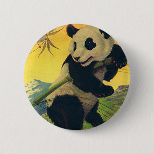 Macaron Rond 5 Cm Vintage Ours Panda Mange Bambou, Animal Sauvage