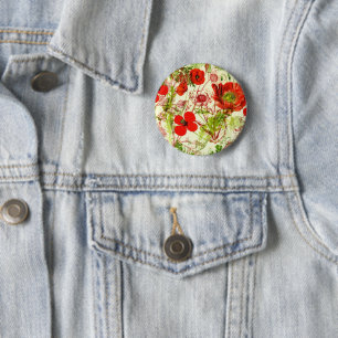 Macaron Rond 5 Cm Vintage Red Green Poppies Fleurs sauvages d'été
