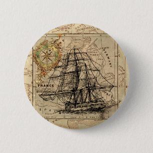 Macaron Rond 5 Cm Vintage Sailing Ship and Old European Map