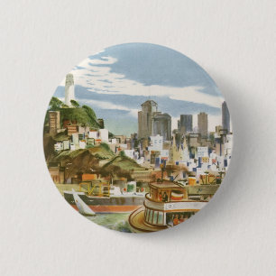 Macaron Rond 5 Cm Vintage San Francisco Bay Travel Poster Ferryboat