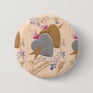 Macaron Rond 5 Cm Vintage Silver & Gold Hearts Valentine Postcard