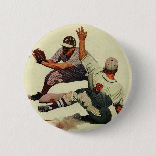 Macaron Rond 5 Cm Vintage Sports Baseball, Player Sliding into Home