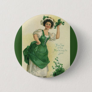 Macaron Rond 5 Cm Vintage St. Patrick's Day Irish Lass avec Clovers