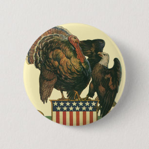Macaron Rond 5 Cm Vintage Thanksgiving Turquie, aigle, drapeau améri