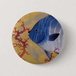 Macaron Rond 5 Cm Vintage Tropical Blue Fish Coral Marine Ocean Life