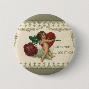 Macaron Rond 5 Cm Vintage Victorian Valentine Cherub, Rose et coeur
