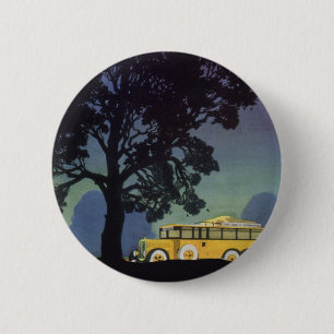 Macaron Rond 5 Cm Vintage voyage, Allemagne, Bus Jaune à la nuit