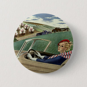 Macaron Rond 5 Cm Vintage voyage, Elegant Woman en voiture convertib