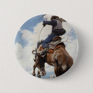 Macaron Rond 5 Cm Vintage Western Cowboys, Bucking par NC Wyeth