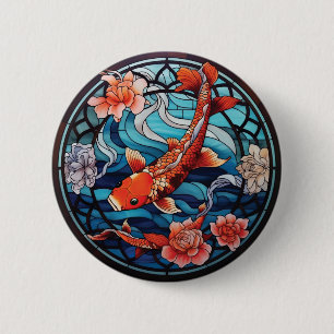 Macaron Rond 5 Cm Vitrail asiatique style Koi Poisson et Camellias