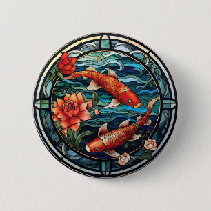 Macaron Rond 5 Cm Vitrail asiatique style Koi Poisson et Camellias