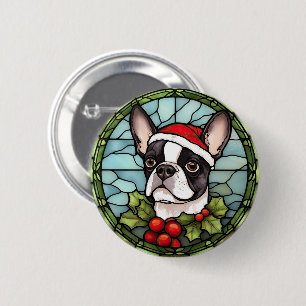 Macaron Rond 5 Cm Vitrail de Noël Boston Terrier