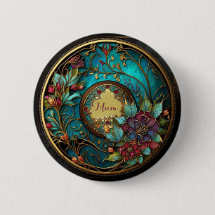 Macaron Rond 5 Cm Vitrail Turquoise et rose Abstrait Fête des Mères
