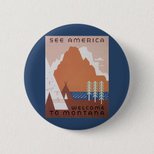 Macaron Rond 5 Cm Voir l'Amérique Bienvenue au Montana, Vintage voya