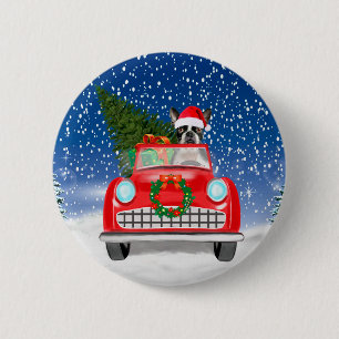 Macaron Rond 5 Cm Voiture de conduite de chien de Boston en neige No