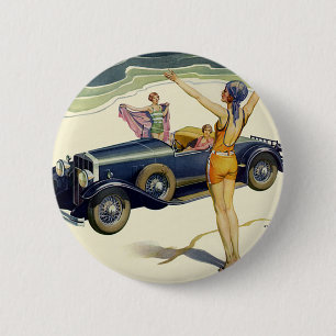 Macaron Rond 5 Cm Voiture décapotable de transport vintage sur la pl