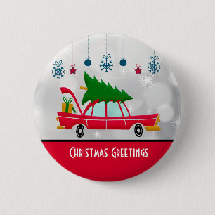 Macaron Rond 5 Cm Voiture rouge rétro portant un arbre de Noël