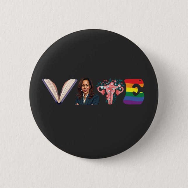 Macaron Rond 5 Cm VOTE Books Uterus LGBT Kamala Harris Walz Election (Devant)