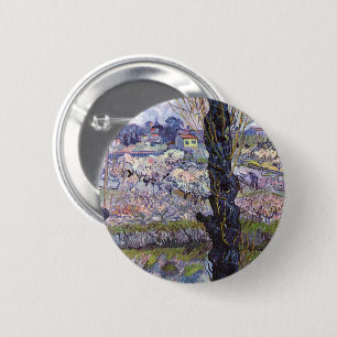 Macaron Rond 5 Cm Vue de Van Gogh sur les vergers en fleurs d'Arles