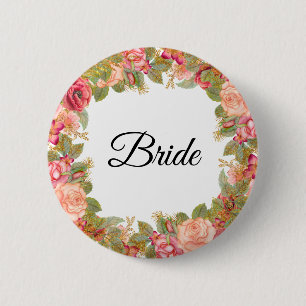 Macaron Rond 5 Cm Watercolor Roses & Glitter Bride Pin