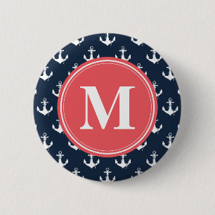 Macaron Rond 5 Cm Watermelon Monogrammed Navy Blue Anchor Pattern