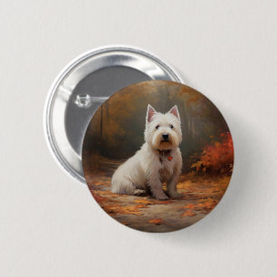 Macaron Rond 5 Cm West Highland White Terrier à l'automne Leaves aut
