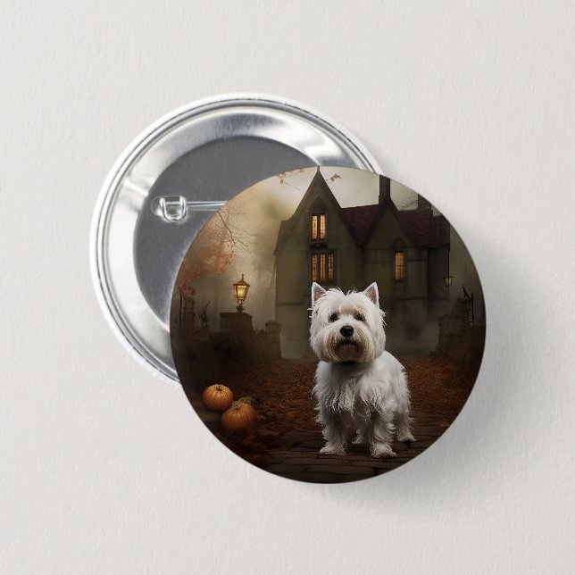 Macaron Rond 5 Cm West Highland White Terrier Halloween effrayant (Devant & derrière)