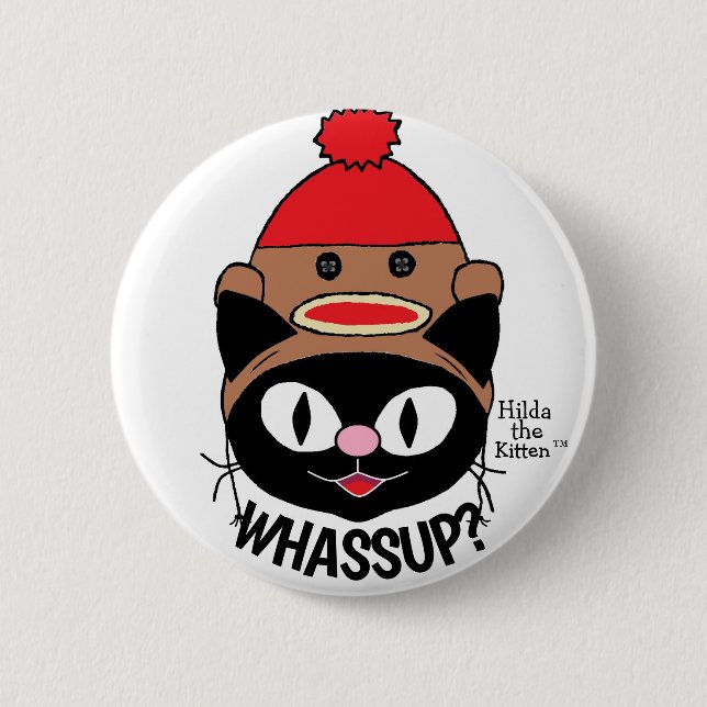 Macaron Rond 5 Cm WHASSUP ? Chat de dessin avec Casquette de singe d (Devant)