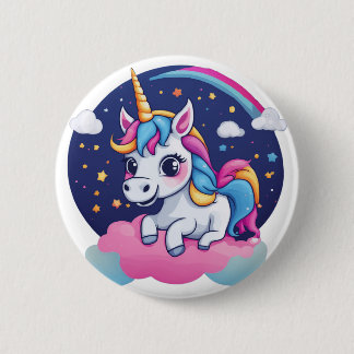 Macaron Rond 5 Cm Whimsical Happy Unicorn on Pink Cloud Button