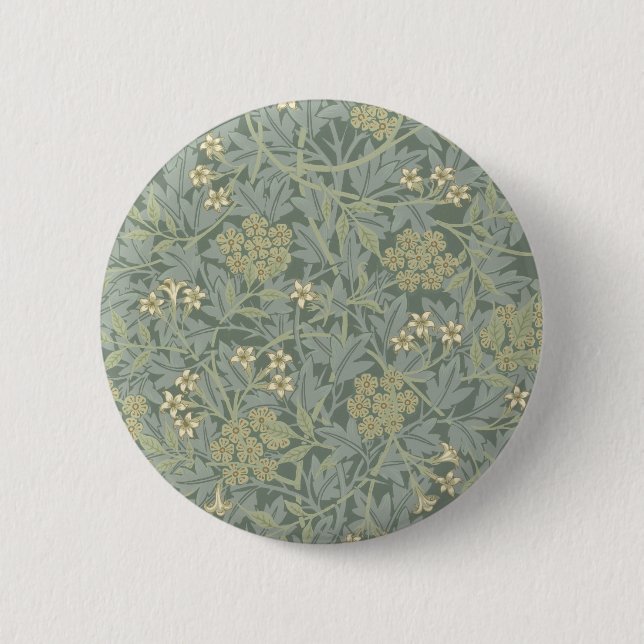 Macaron Rond 5 Cm William Morris Jasmine Bleu Vert Art Botanique (Devant)