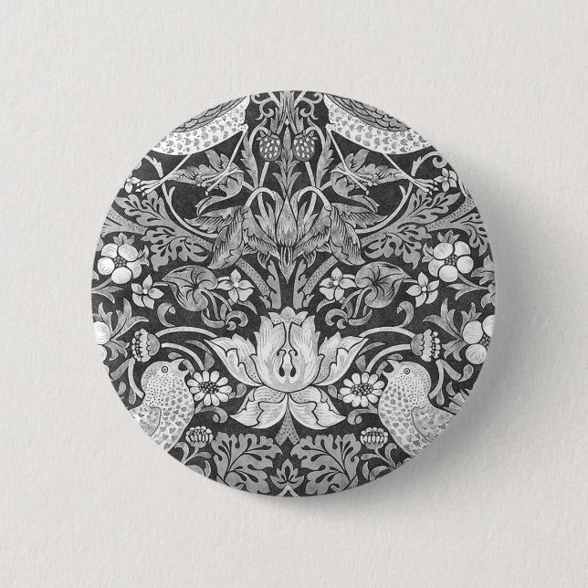 Macaron Rond 5 Cm William Morris Strawberry Thief Noir Et Blanc (Devant)