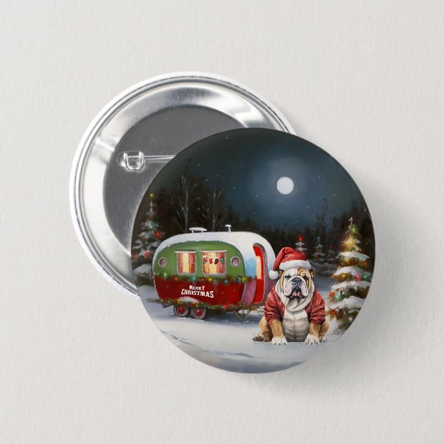 Macaron Rond 5 Cm Winter Bulldog Caravan Christmas Adventure (Devant & derrière)