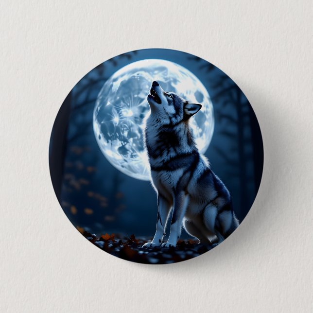 Macaron Rond 5 Cm Wolf Howling à la Lune (Devant)