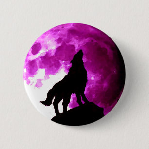 Macaron Rond 5 Cm Wolf Howling à Moon