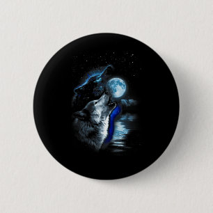Macaron Rond 5 Cm Wolf Moon Lake Wolf Howling Pleine lune Wolf Graph
