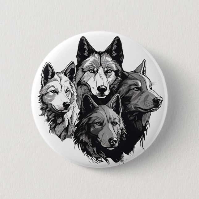 Macaron Rond 5 Cm Wolf Pack Graphisme tribal Loups noirs et blancs (Devant)