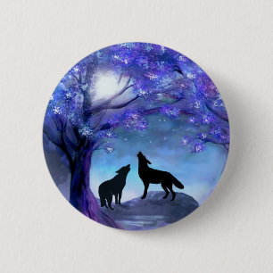 Macaron Rond 5 Cm Wolf Wolf Wildlife Animals Bouton bleu