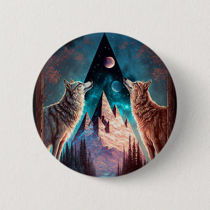 Macaron Rond 5 Cm Wolves Mountain Visionary Imaginaire Art