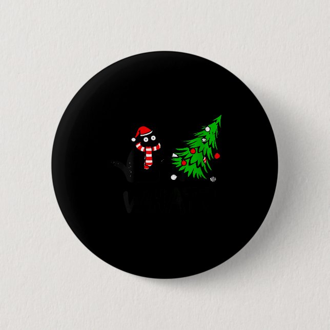 Macaron Rond 5 Cm Womens Funny Black Cat Gift Pushing Christmas Tree (Devant)
