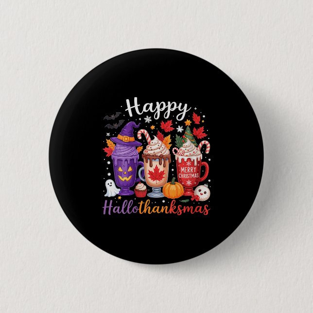 Macaron Rond 5 Cm Womens Happy Hallothanksmas Coffee Lover Halloween (Devant)