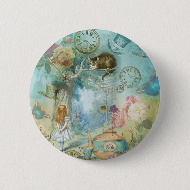 Macaron Rond 5 Cm Wonderland - Alice In Wonderland Collage (Devant)