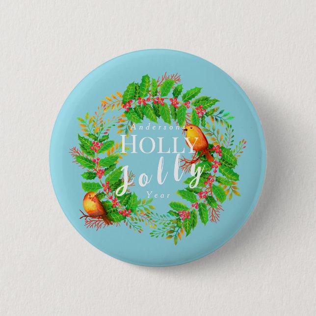 Macaron Rond 5 Cm Wreath Holly Jolly Noël Turquoise (Devant)