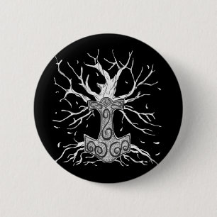Macaron Rond 5 Cm Yggdrasil, l'arbre des Neuf Mondes et Mjolnir