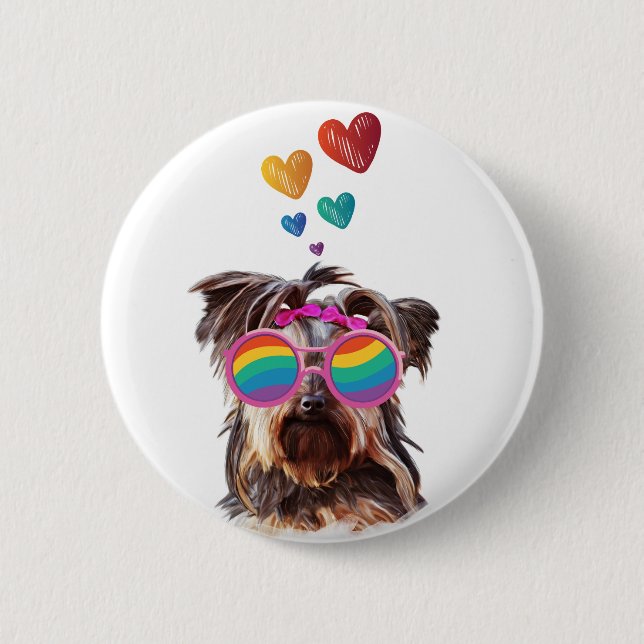 Macaron Rond 5 Cm Yorkie Chien avec Coeurs Saint-Valentin (Devant)