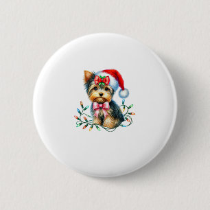 Macaron Rond 5 Cm Yorkshire Terrier Chien avec Coquette Bow Noël